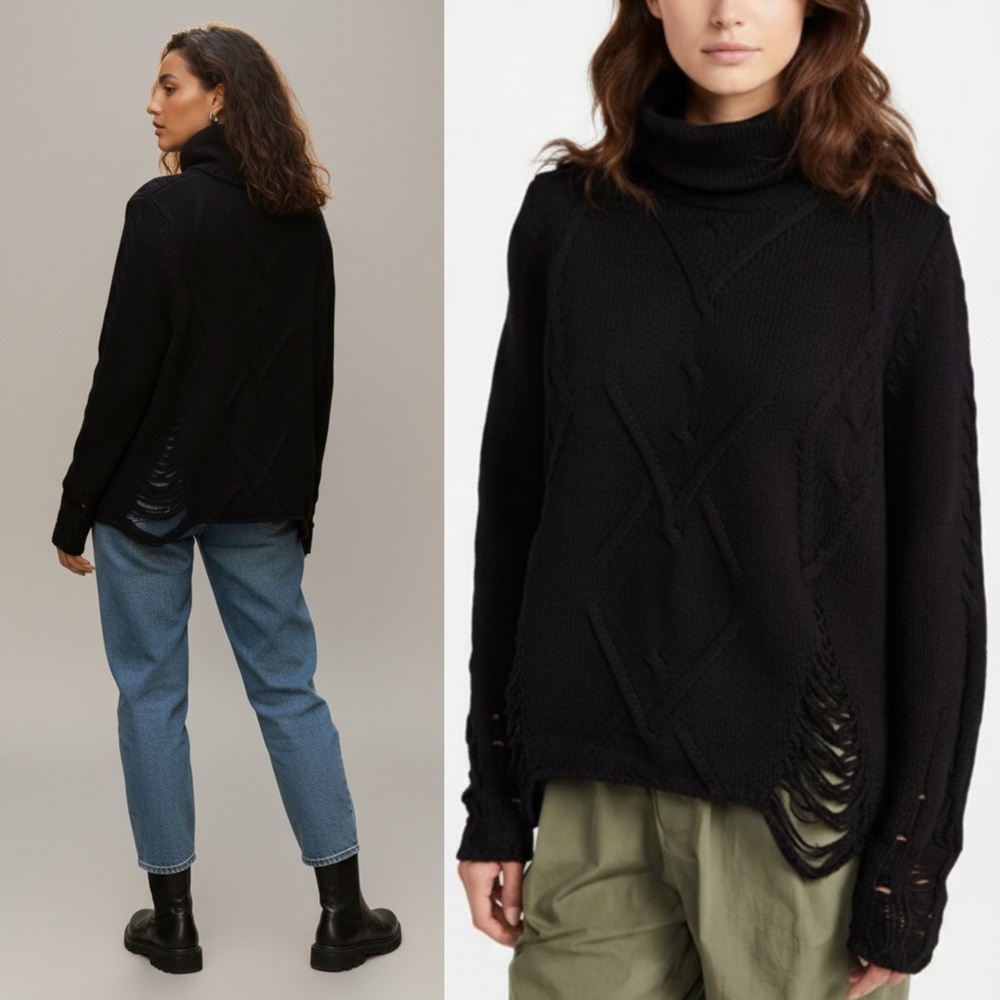 One x One Teaspoon Luxe Black Laddered Roll Neck Distressed Sweater Size Small